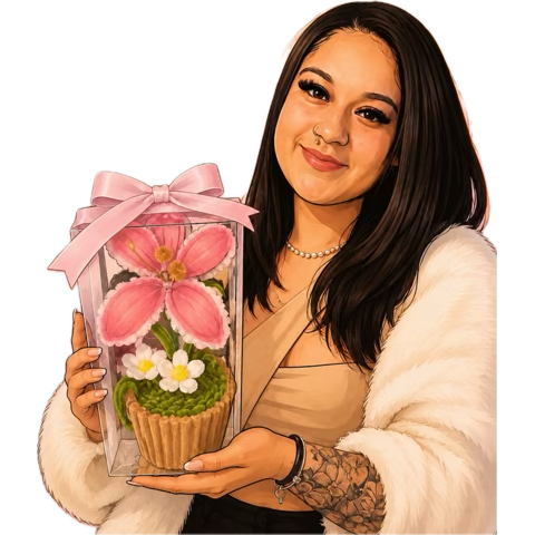 Illustrated sticker of Destiny holding a handmade pipe cleaner flower pot